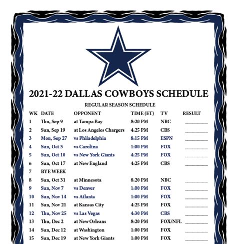Dallas Cowboys Schedule Printable 2022